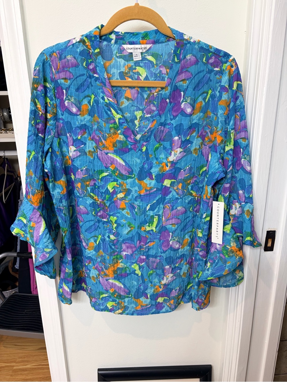 Counterparts Teal Blue Floral V-Neck Tunic with Purple & Orange Accents